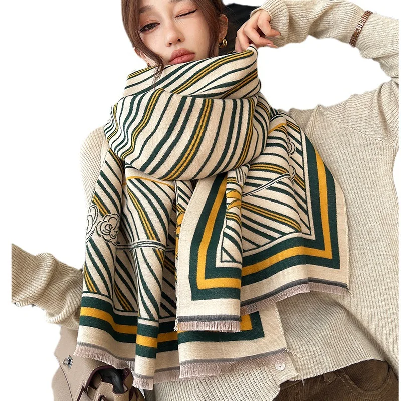 Striped Camellia Blossom Imitation Cashmere Scarf for Women's Fashion High Grade Feeling Scarf with Cold Resistant Velvet Shawl