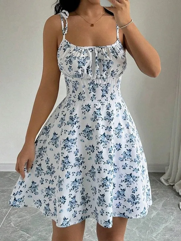 여성 여름 꽃무늬 스파게티 스트랩 비치 짧은 드레스,여성 드레스,여성 의류,여성 옷,선드레스,새 드레스 2025 D0O7