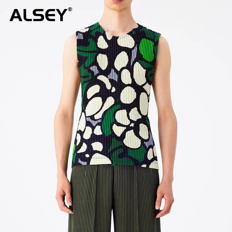 

ALSEY Miyake Summer New Men's Tank Top 2023 Loose Casual Print Pleated Sleeveless Top Multiple Wearing Methods Hip Hop Fashion