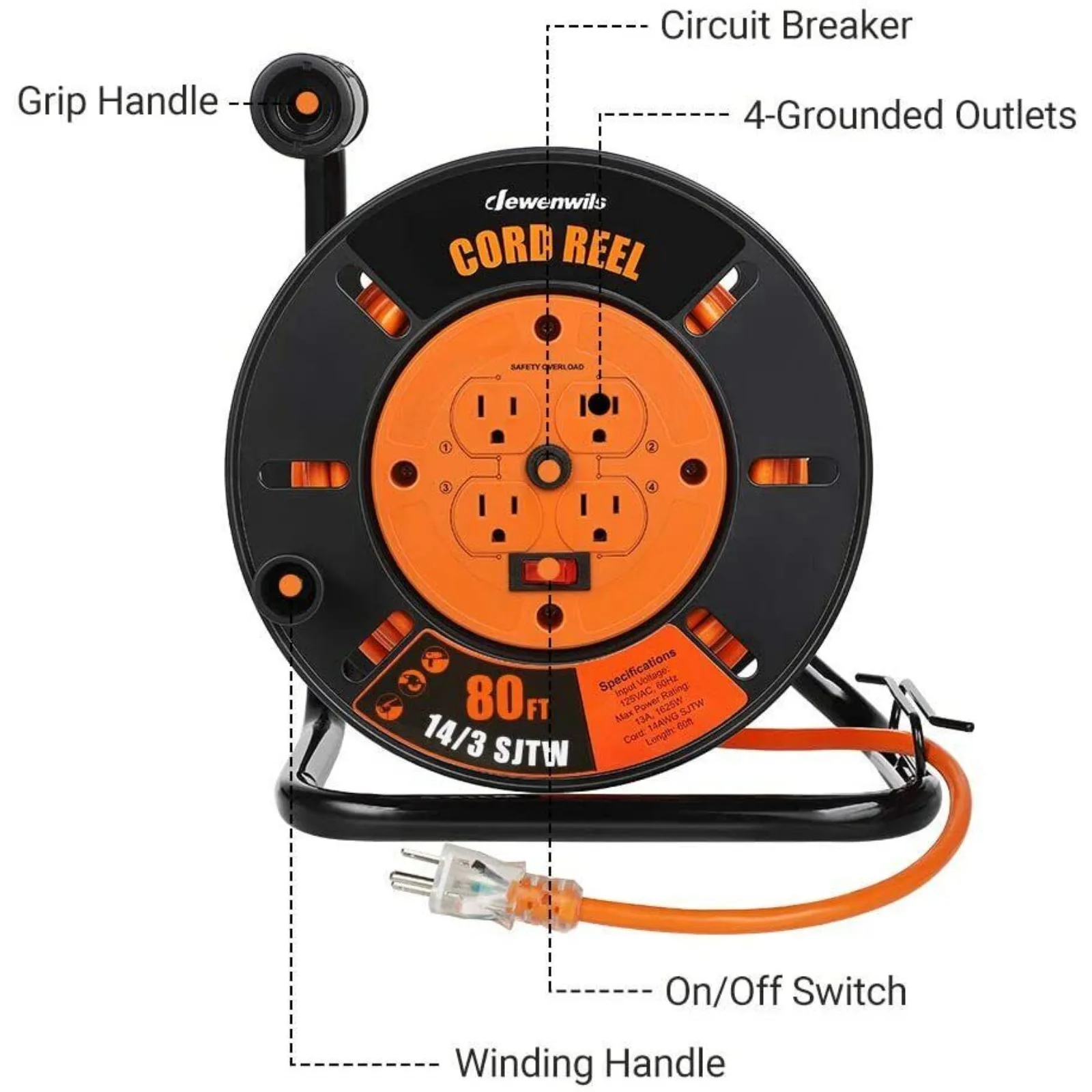 US  DEWENWILS open extension cable reel with 60 feet 80 feet 14/3 SJTW 4 grounded socket-