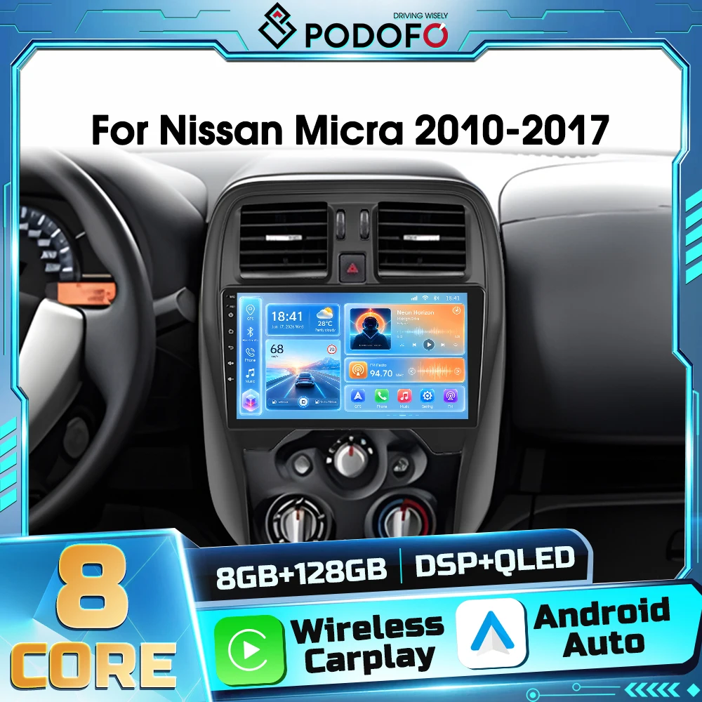 Podofo 8+128G, lettore multimediale per auto Android 2DIN, compatibile con Nissan Micra 2010-2017, con navigazione GPS, Carplay wireless, Android Auto, WIFI, DSP, FM, RDS e Bluetooth, ricevitore