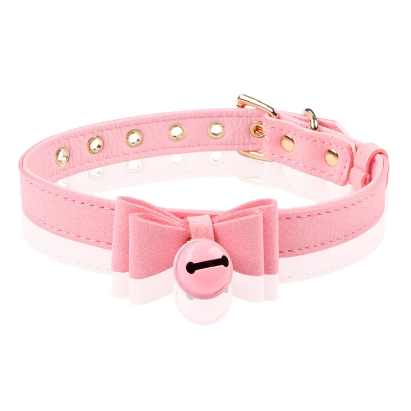 Unisex Cute Bow Bondage Choker with Small Bell Adjustable Dog Collar for Couple BDSM Restraint Necklace Adult Sex Toys