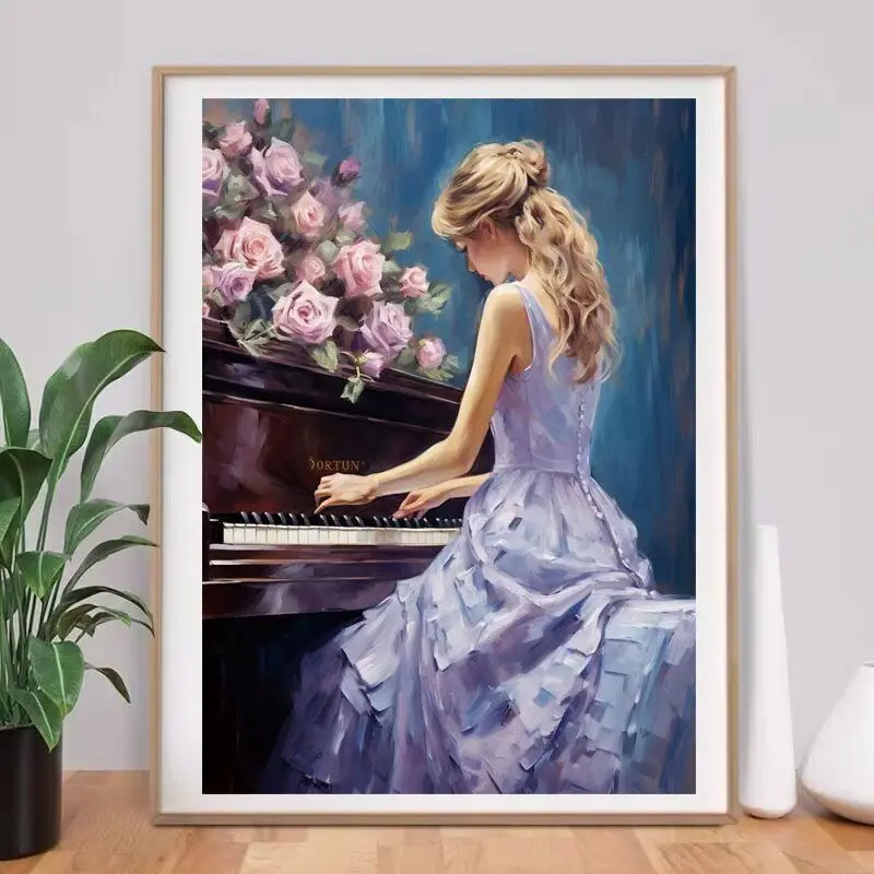 11CT The girl plays the piano Embroidery DIY Chinese Style Printed Kits Cross Stitch Thread Needlework Sets Home Decor Crafts