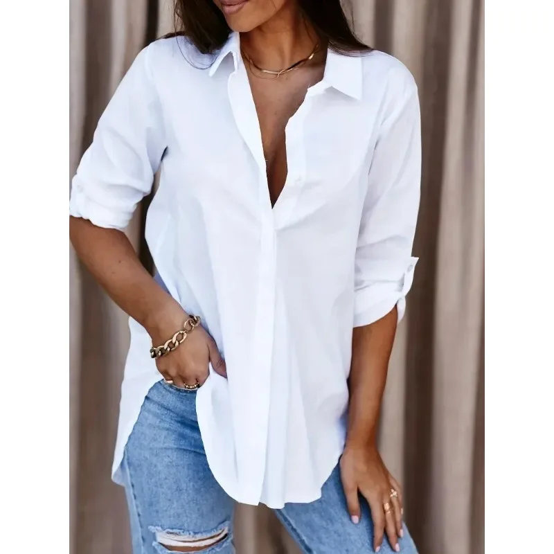 

New Summer Plus Size 1XL-8XL Women's Long Sleeved V-neck Button Up Shirt Casual Solid Color Top Fashion Loose Casual Blouse