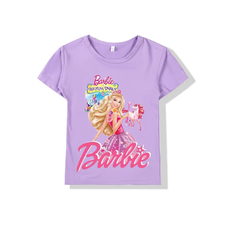 New Kawaii Barbie Boys Girls Short-Sleeved Kids Cartoon T-Shirts Summer Fashion Y2K Tops White Tees High Quality Clothing Gifts