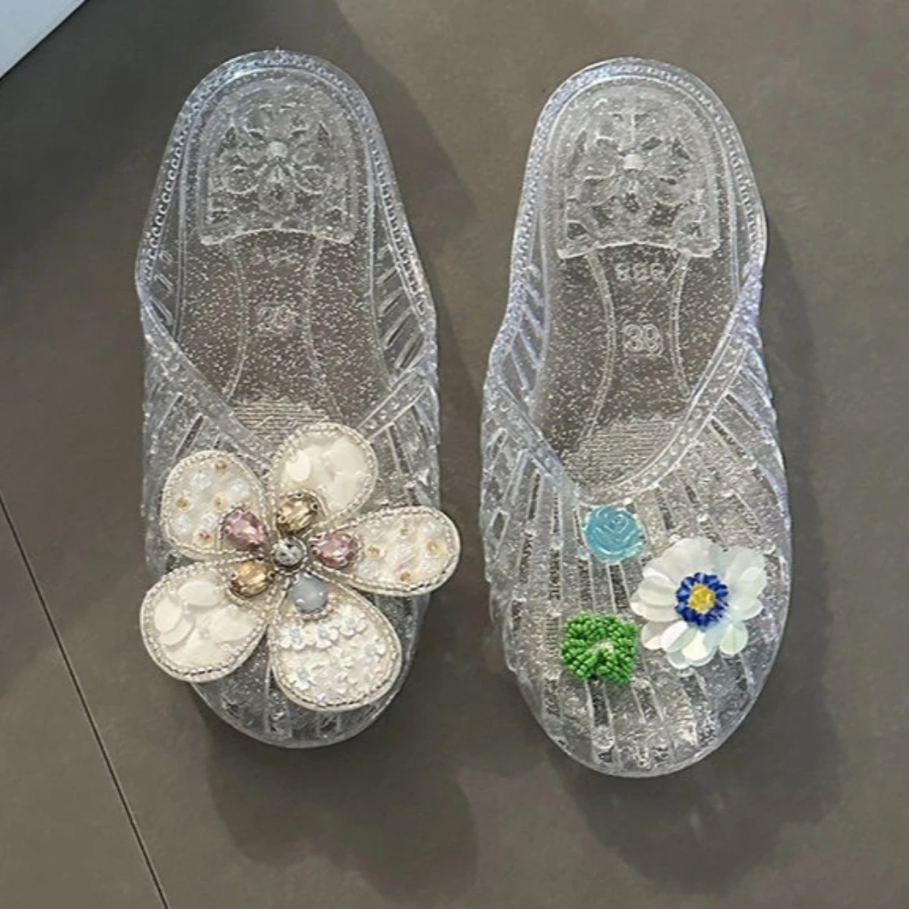 

Летние прозрачные женские сандалии-слипоны на плоской подошве, уличные шлепанцы с цветочным узором, желейные тапочки с открытым носком, повседневная обувь