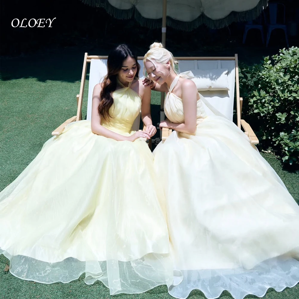 OLOEY Halter Neck Yellow Customized Organza Floor Length Ruched Simple Party Prom Gowns Formal vestidos de fiesta 웨딩드레스