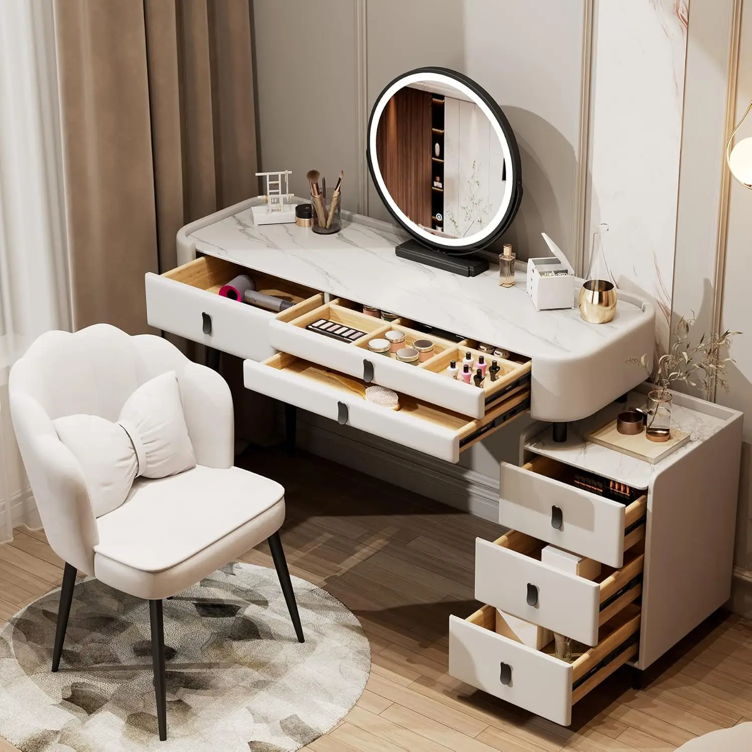 Luxury Vanity Desk, Vanity Table Made of Solid Wood, Features Modern Sintered Marble Top, Touch Screen HD Mirror.