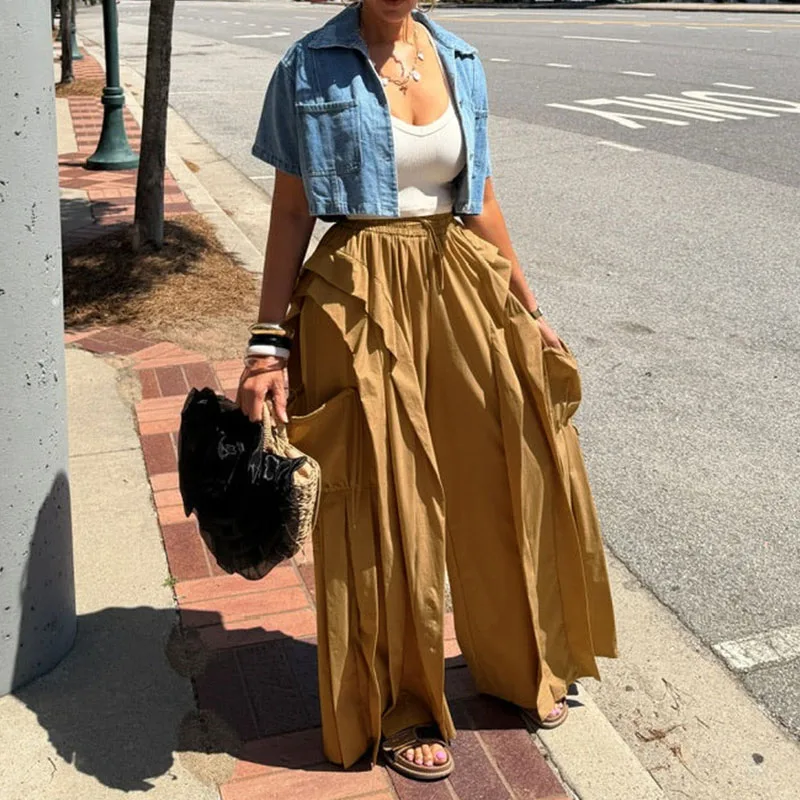 

Doyerl Streetwear Pockets Ruffles Wide Leg Pants Woman Bottoms Drawstring Waist Loose Harajuku Fashion Ladies Trousers Joggers
