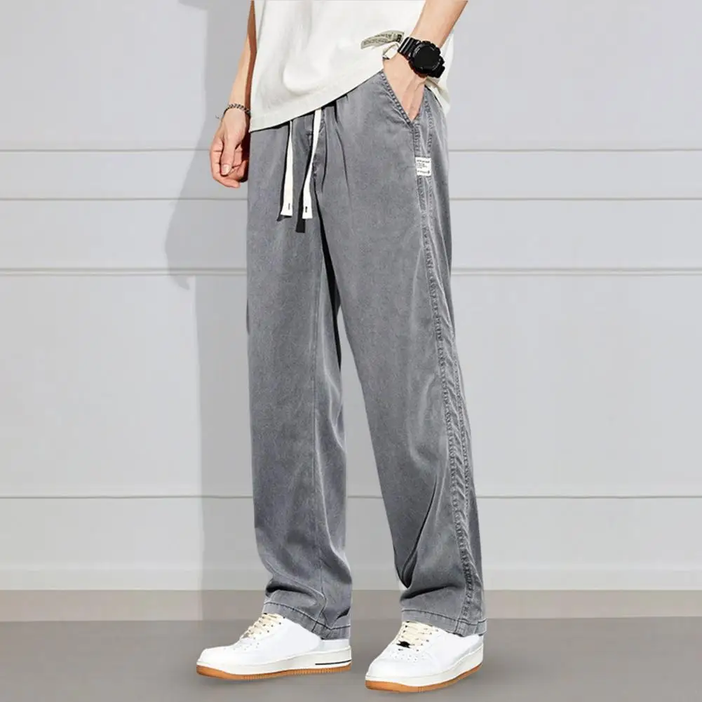 Leisure Jeans Elastic Waistband Ankle Length Hip Hop Straight Wide Leg Denim Pants Breathable Men Jeans Daily Garment