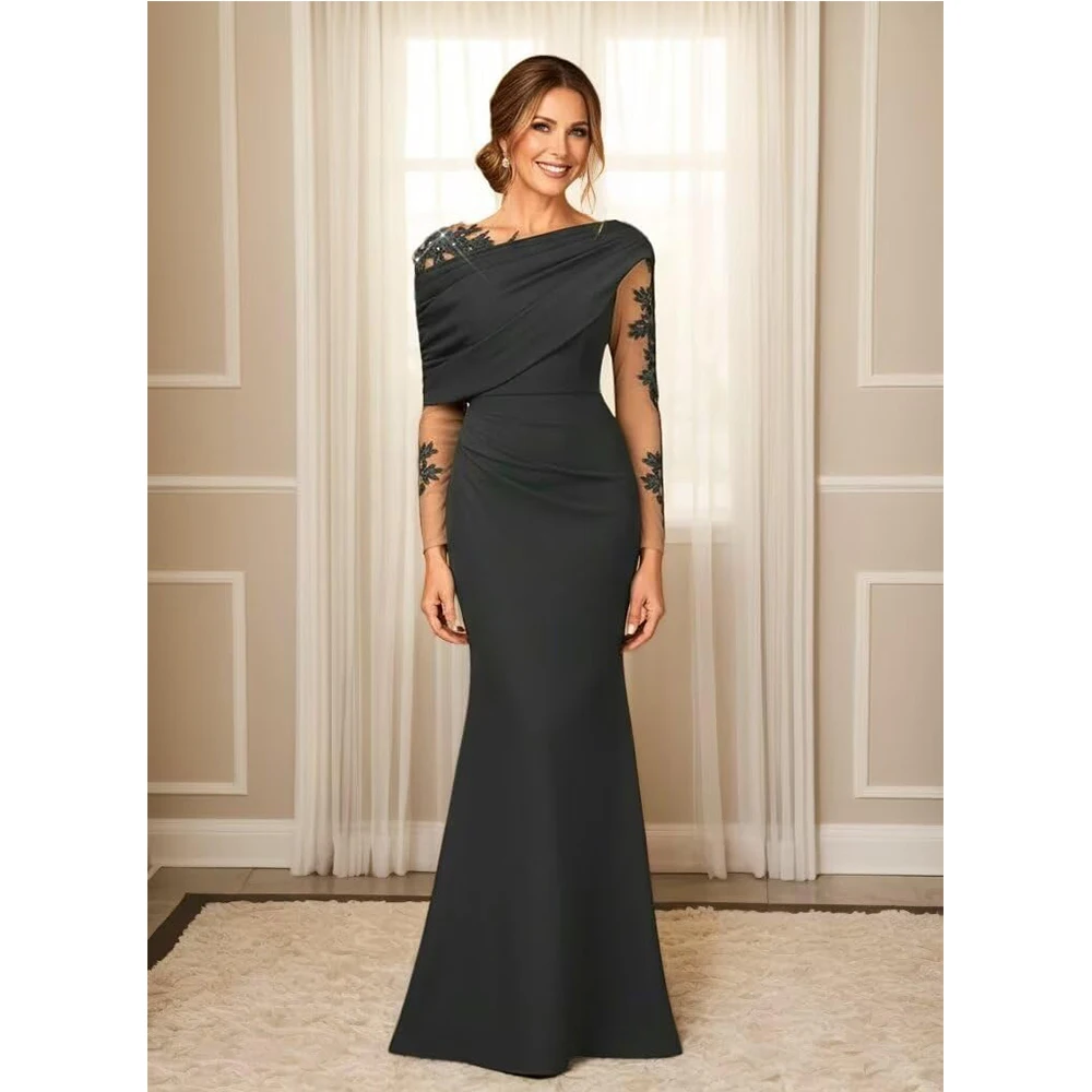 Customized Elegant  Mother of The Bride Dresses Long with Laces Applique Asymmetric Ruffle Shoulder Formal Wedding Party Dresses