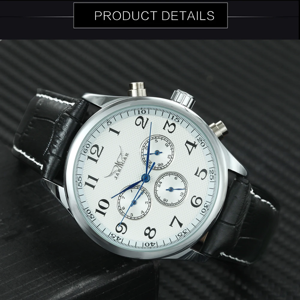 JARAGAR classico quadrante bianco lancette blu Mens orologi da polso meccanici automatici uomo giorno data 24 ore cinturino in vera pelle orologi da