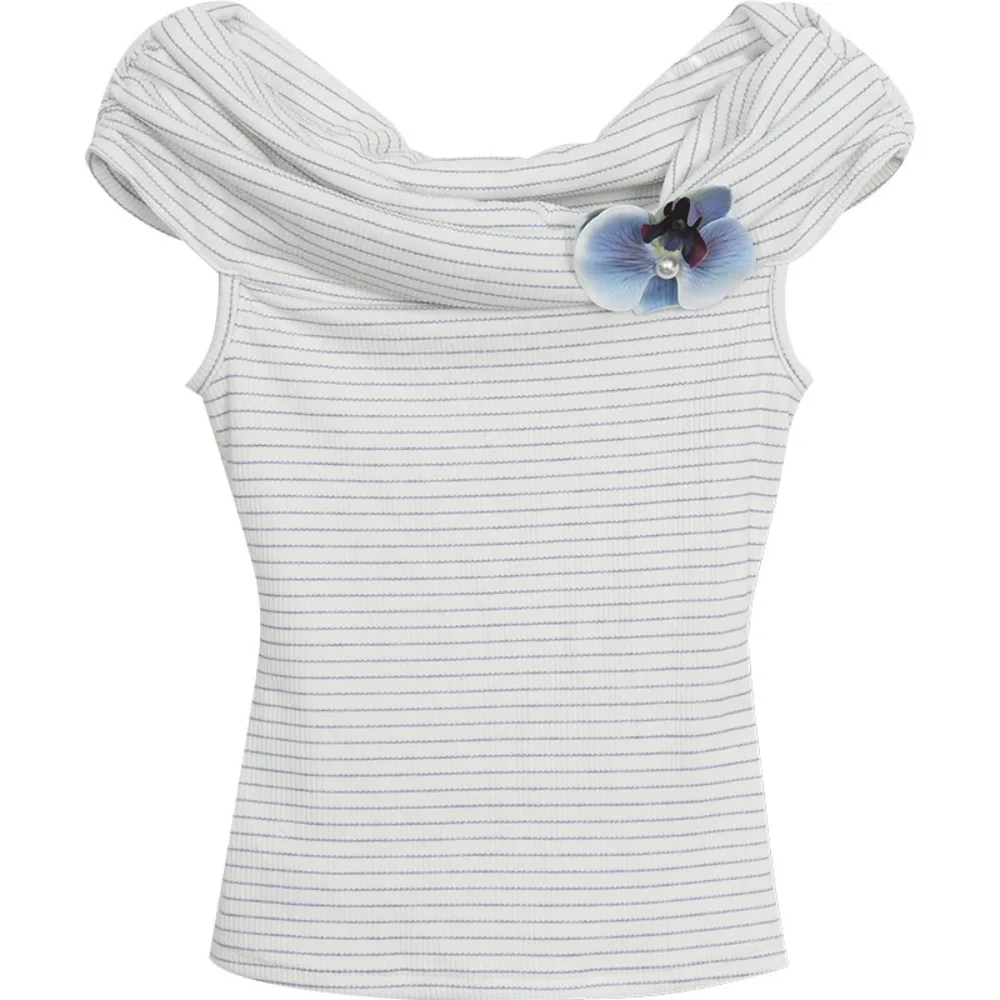 

Stylish Stripe Off Shoulder Crop Top Ins Slim Fit Stripe Flower T-shirt Female Clothing Sweet Bohemia T Shirts Streetwear