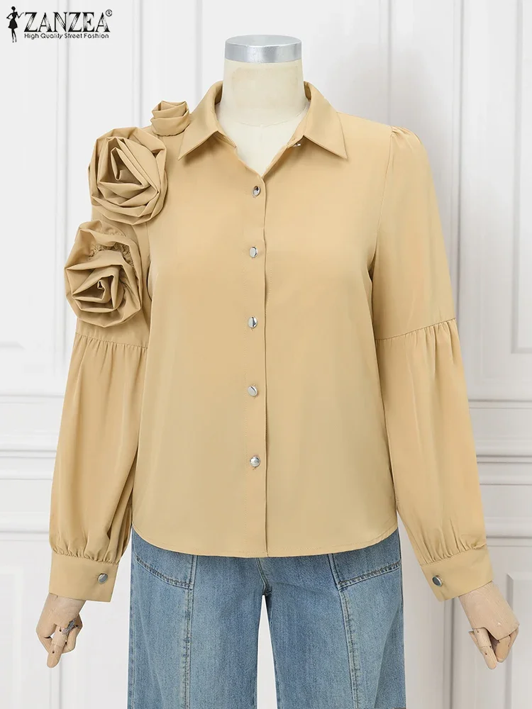 ZANZEA Elegant Shirts Women Autumn Long Seeve Blouse 2025 Decor Flowers Tops Fashion OL Work Tunic Solid Casual Loose Blusas