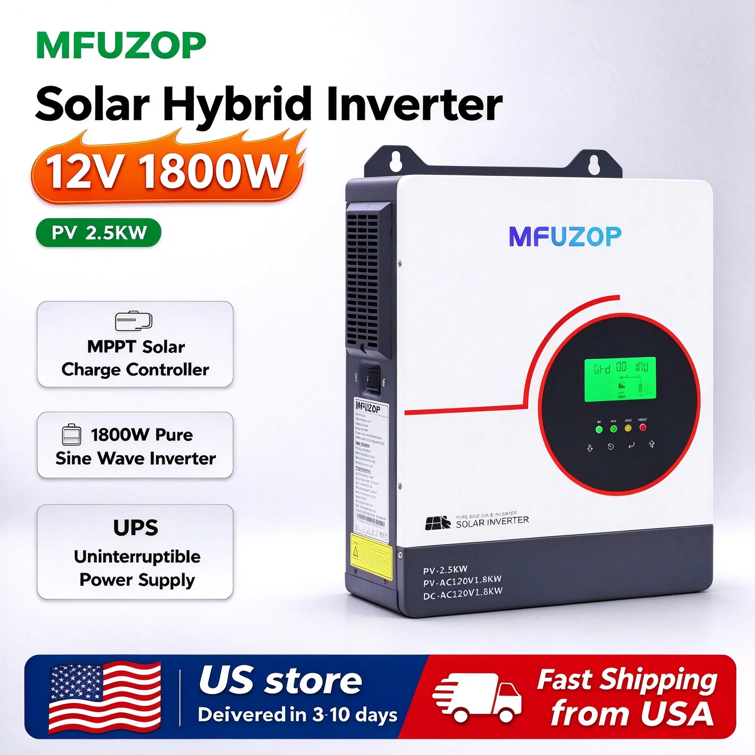 MFUZOP 1800W 12V off Grid Solar Inverter, Maximum Photovoltaic Input 2500W, 110/120VAC 60Hz Pure Sine Wave, Built-in MPPT Solar Charging Controller, Suitable for Home, Cabin, RV and Other Scenarios