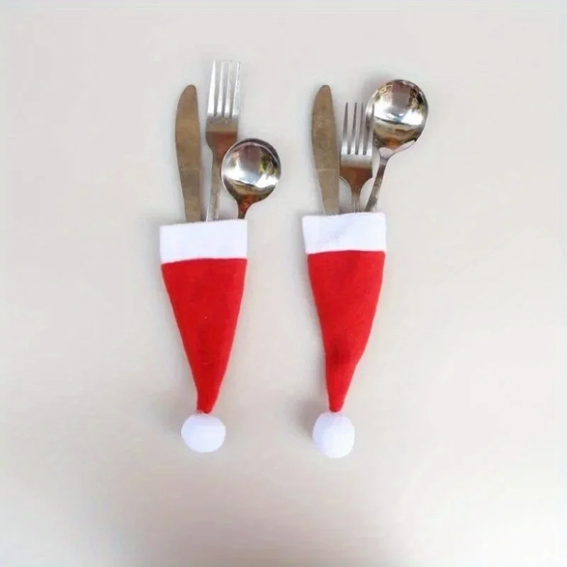 10PCS Christmas Hat (Only Hats) Silverware Holder Xmas Mini Red Santa Claus Cutlery Bag Party Decor Tablewear Holder Supplies