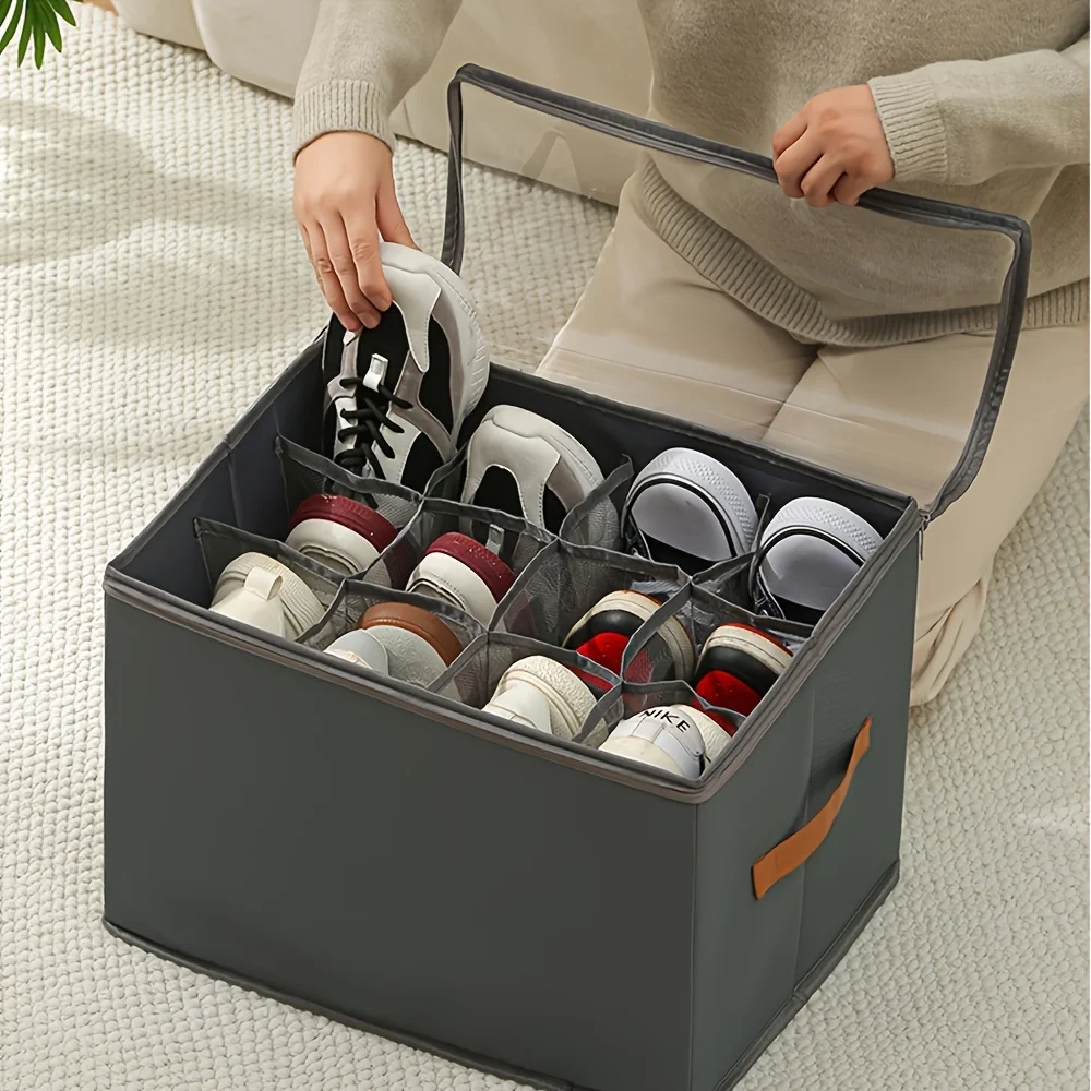 

1pc Foldable Oxford Fabric Shoe Organizer with Lid Heavy-Duty Dustproof Storage Box for Shoes Clothes Accessories Home Closet