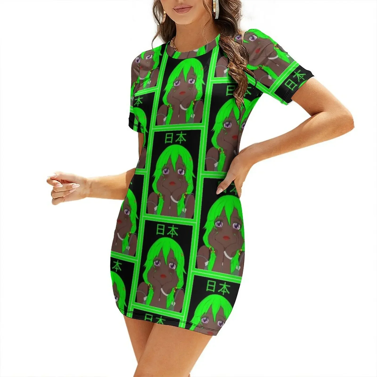 

Lime Colored Hair Anime Girl with Japanese Caption Short-Sleeved Dress Party dresses Dance dresses Female dress Dress
