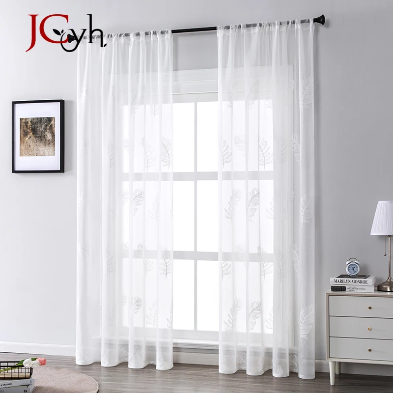 Feather Embroidered Tulle Curtains for Living Room Bedroom White Sheer Curtain for Windows Voile Drapes Home Decor Custom Size