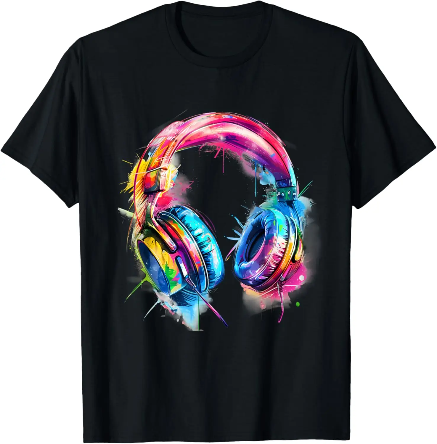 Colorful Watercolor Headphones Graphic Tee Soft Cotton Round Neck T-Shirt for Music Lovers