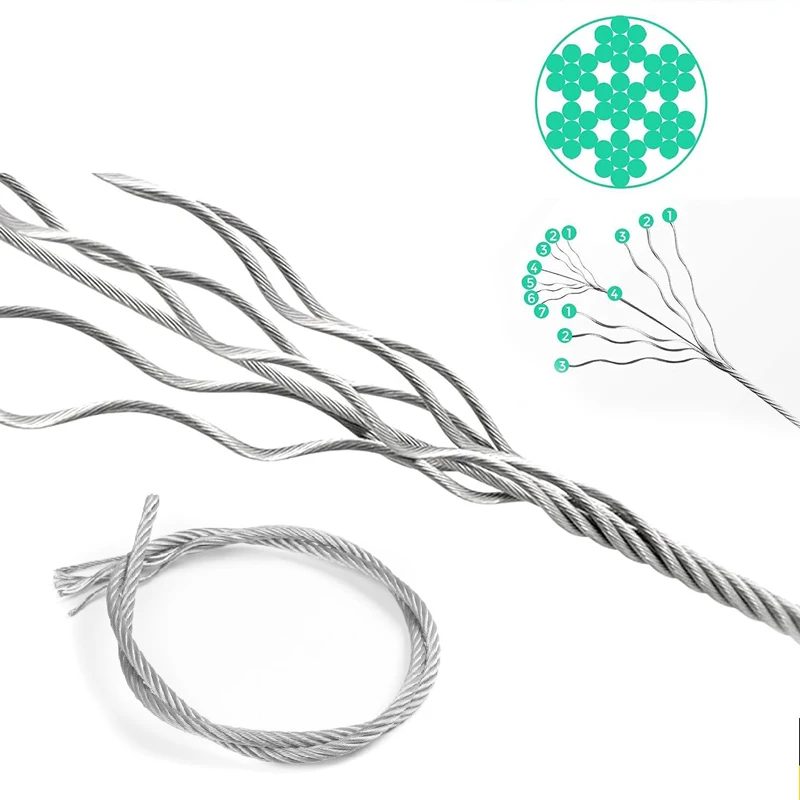 Corda de fio de aço inoxidável 25m, estrutura 7*7, suspensão macia, corda de elevação, corda de tração, rack de secagem, corda de fio