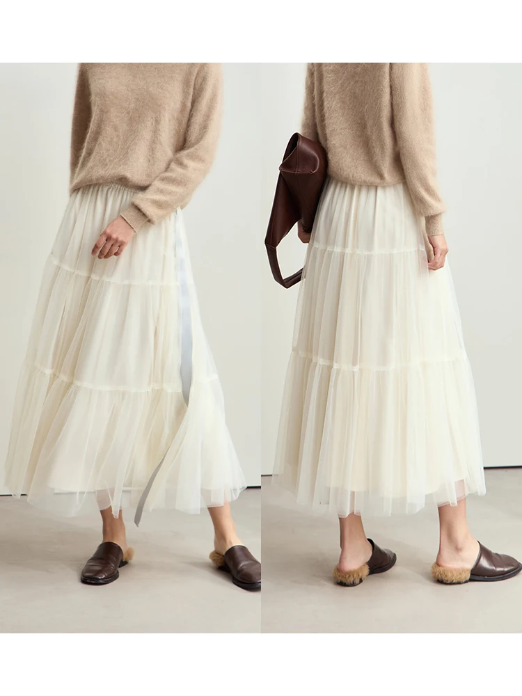 AMII Minimalist High Waist Layered Tulle Maxi Skirt Elegant A-Line Mesh Black White Party Skirts for Women Sweet Skirts 12443071