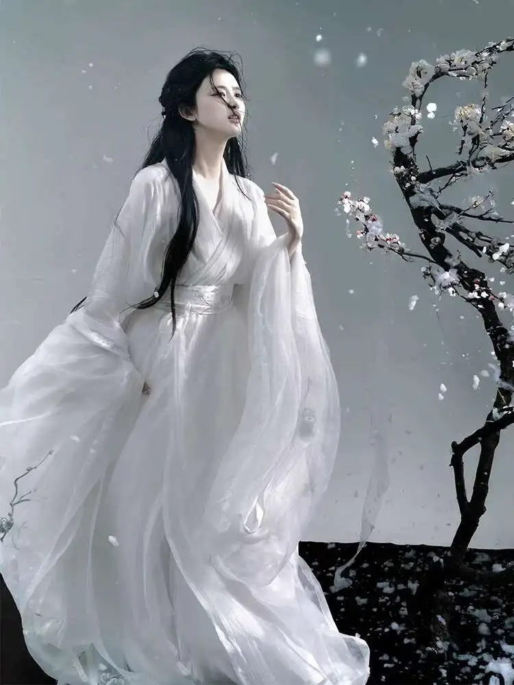 New Hanfu Spring/Summer Collection, Snowy Plum Embroidered Big Sleeve Shirt, Double Layered Cross Neck Long Shirt, Straight