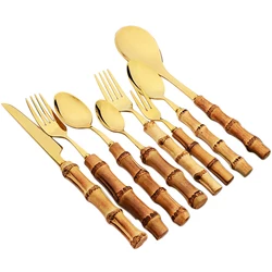 4-9Pcs Bamboo Handle Gold Cutlery Kitchen Home Dinnerware Stainless Steel Tableware Set Western Knife Fork Spoons Flatware Set