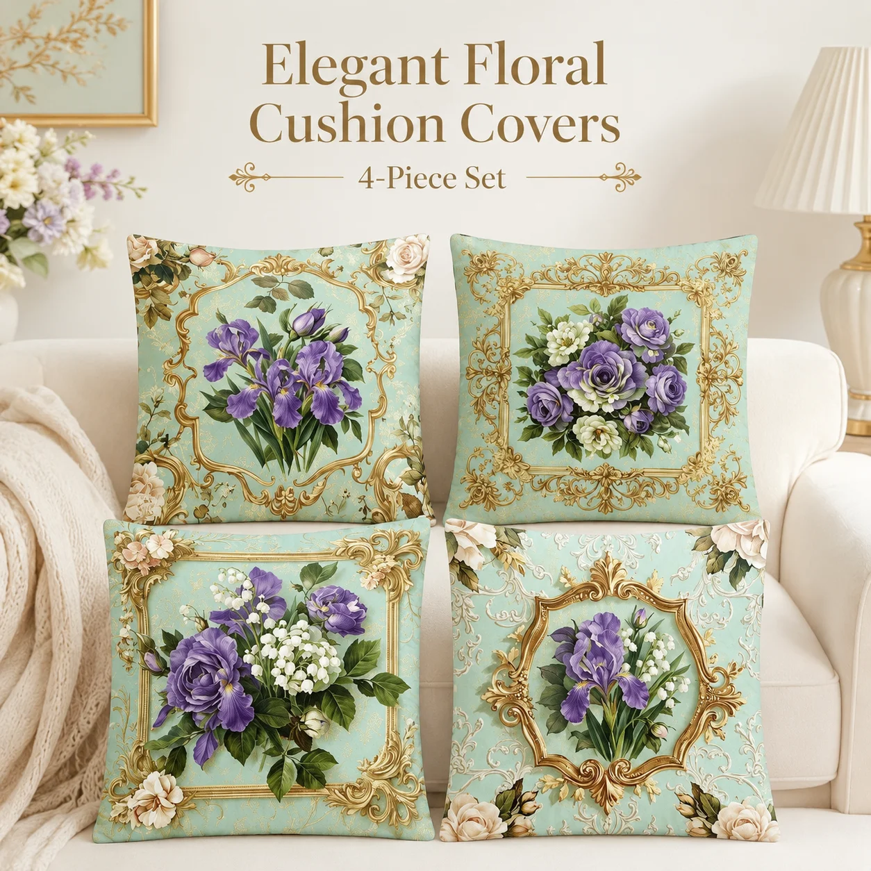 4Pcs Vintage Gold Frame Floral Cushion Covers 2D Flat Printed Peach Skin Coussin Aesthetic Room Decor Pillowcase For Couch