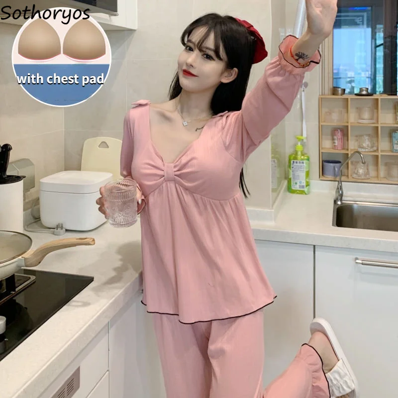 

Pajama Sets Women Cute Ladies Solid Sexy Hot Sale Long Sleeve Simple Korean Style Autumn Casual Nightwear Ins Baggy Student New