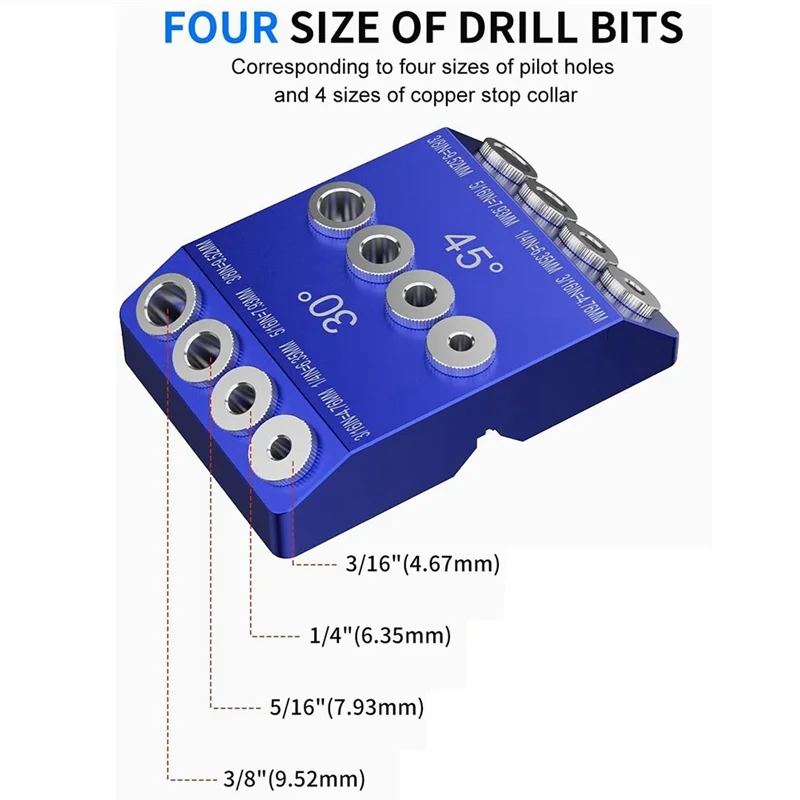 30 45 90 Degree Angle Drill Guide Jig, Drill Jig for Angled Holes and Straight Hole with 4 Sizes Steel Drill Bits