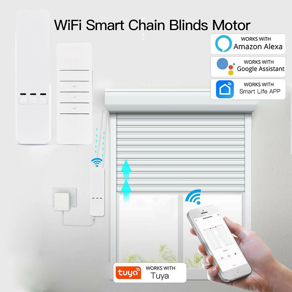 

Tuya WiFi Smart Motor Electric Chain Roller Blinds Shade Shutter Motorized Drive RF Remote Kit Smart Life App via Alexa Google