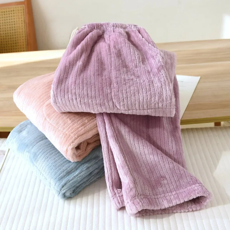 

Autumn Winter Women Soft Fleece Sleep Bottoms Female Thicken Nightwear Trousers Ladies Simple Warm Sleepwear Pajama Pants