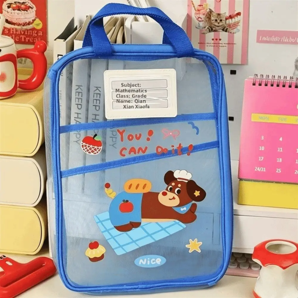 Large Capacity A4 Stationery Storage Bag with Handle Thickened Mesh Zipper Bag Transparent Organizer Folders Student Use