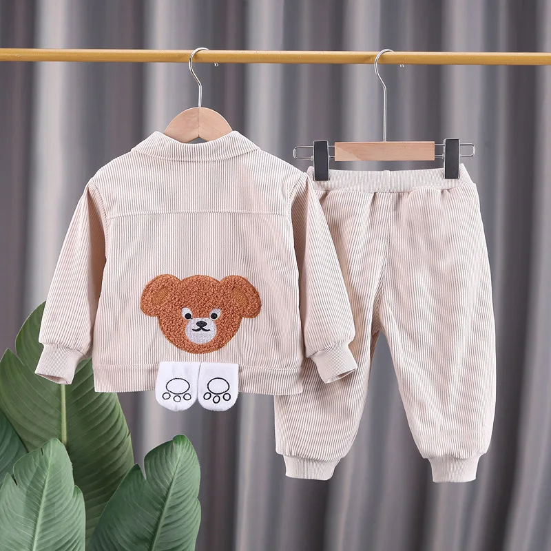 Children\'s Clothing Suit spring autumn BoyThree-Piece T-shirt+Cartoon Bearcorduroy coat+Trousers Korean child 0-5Y Baby Bby Suit