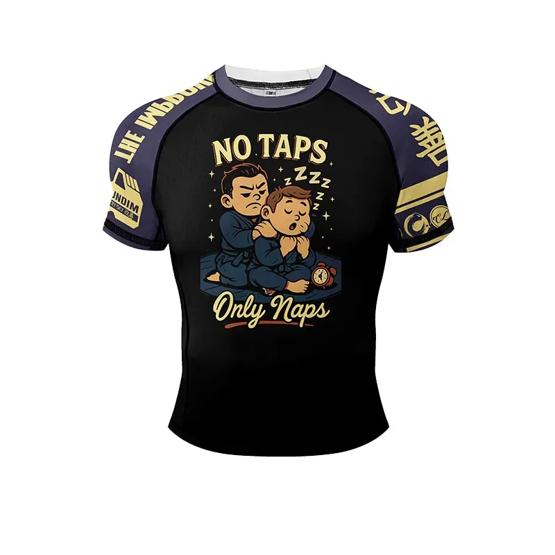 "No Taps Only Naps" Jiu-Jitsu Print Rash Guard, Schnelltrocknendes, atmungsaktives MMA-Trainings-Kompressions-Oberteil für Männer und Frauen – Detail 2