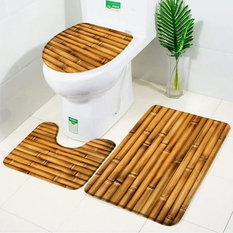 Conjunto de 3 peças de tapete de banho de bambu, folhas de seixo, elegante, flanela, antiderrapante, tampa de vaso sanitário, conjunto de acessórios de banheiro