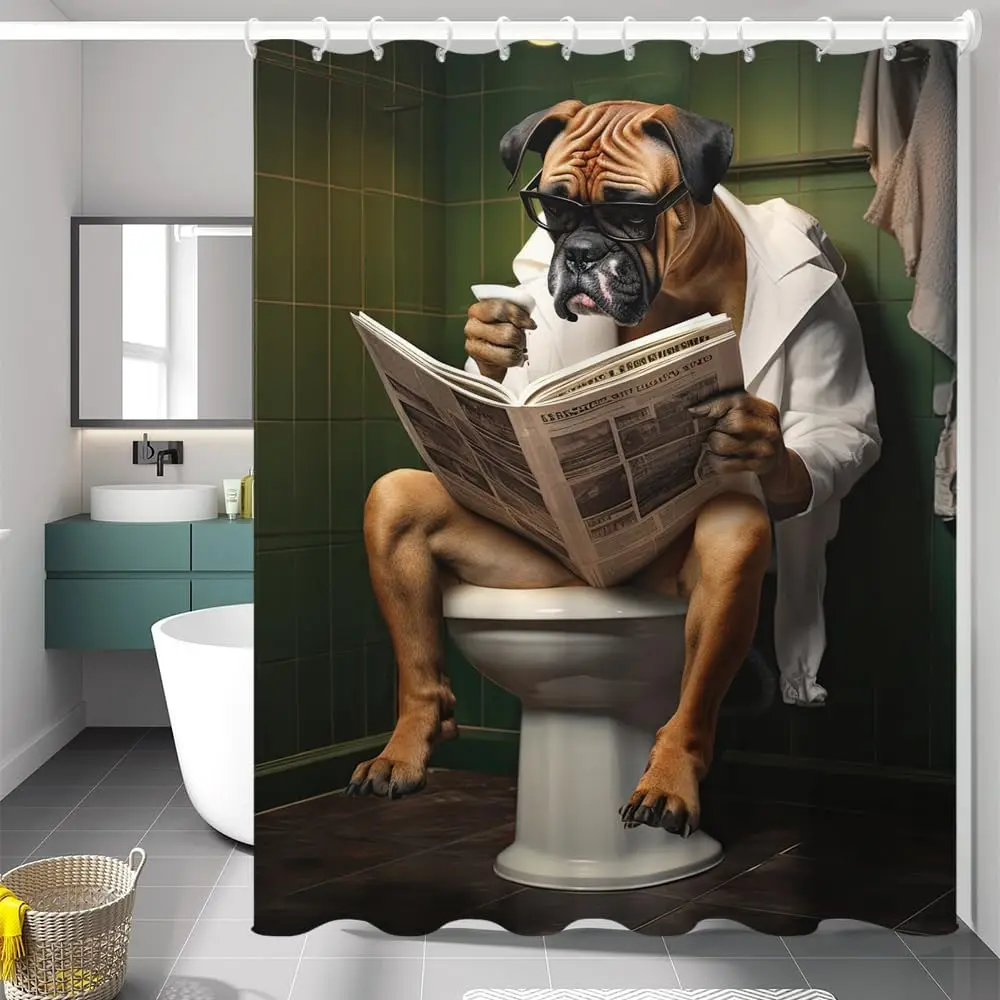

Funny Dog Wearing Glasses Reading Newspaper On Toilet Humorous Pet Lover Print Decorative Shower Curtain