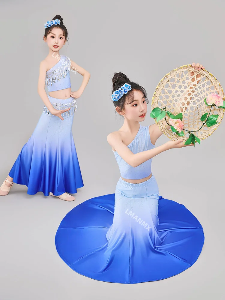 Ropa étnica Dai, disfraces de actuación infantil, danza del pavo real para niñas, nalgas envueltas y falda de cola de pez