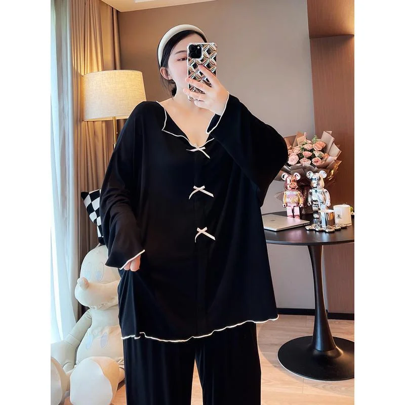 plus Size Women's V-Neck Long Sleeve Sleepwear Set Autumn Winter Loose Fit Comfortable Home Clothes Two-Piece Suit  ...