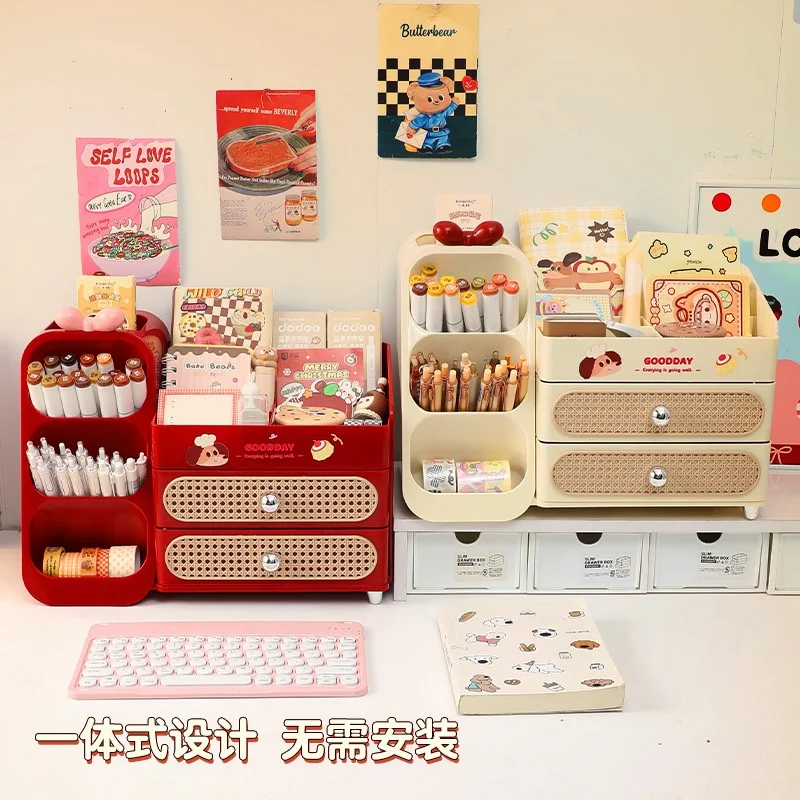Desktop Slant Pen Holder Organizer Drawer Tray Cream Ankara Red Puppy Sticker Bow