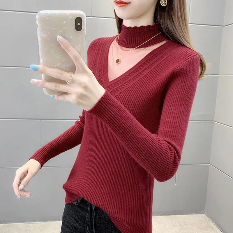 Half-necked Knitted Sweater Women's Fashion Base Sweater 2023 Autumn And Winter New Lace Slim Long-sleeved Pullover Maoyinv