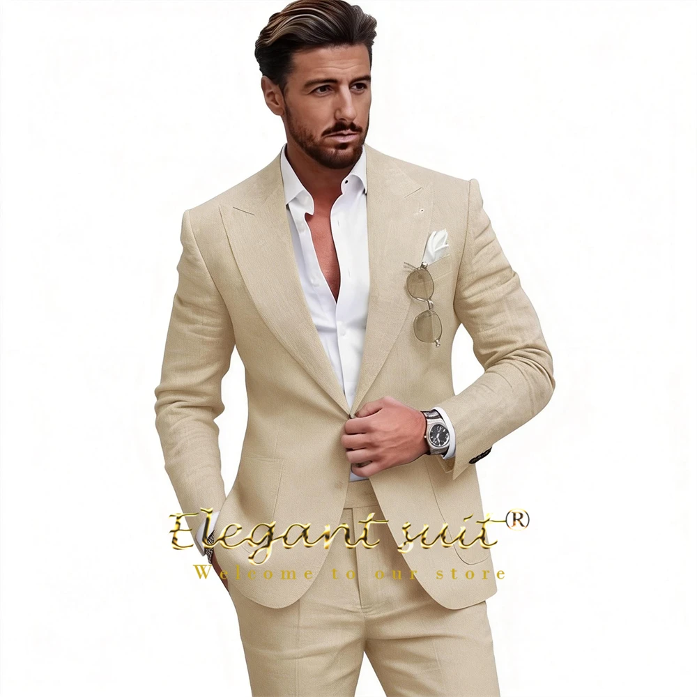 

Men's Premium 2-Piece Linen Blend Suit – Peak Lapel Blazer with Patch Pockets & Trousers for Beach Weddings & Gatherings