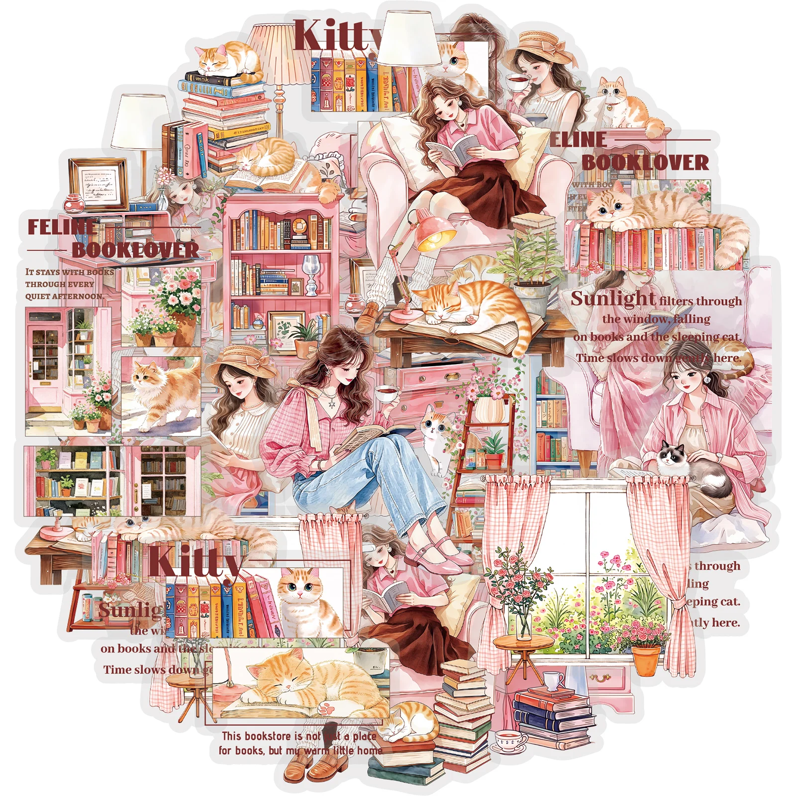 Etori Life 30Pcs Home Reading Artistic Cute Cat Girl Pink Theme Pattern Stickers Suitable for Laptops, Handbags, Guitars, Photo Albums, Postcards and Envelopes, Scrapbooking Supplies, Office Decorative Supplies, Artistic Aesthetics, School Supplies, Children's Stickers, Korean Stationery, Gifts for Friends