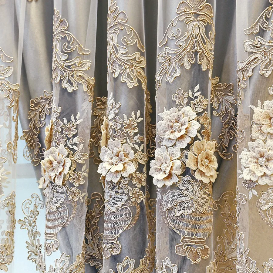 European Style Korean Double Layer Curtains for Living Room Bedroom Dining Embroidered Sheer Luxury Tulle Elegant