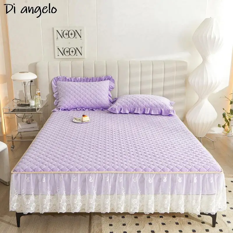 Solid Color Thicken Quilted Mattress Cover Bed Fitted Bed Sheet Pillowcases Anti-Bacteria Mattress Topper Air-Permeable Bed #/