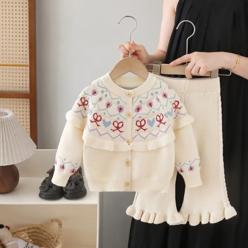 

Kids Girls Fashion Print Sweater Sets Single Breasted Long Sleeve Knitting Tops Cardigan Coat+Elastic Waist Solid Ruched Pants