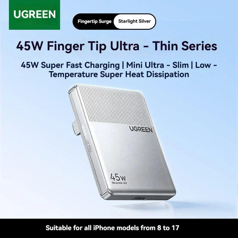 UGREEN 45W Mini Ice Slice GaN Charger Ultra Thin PD USB-C Fast Charging Plug Low Temperature Cooling Portable Charger For iPhone