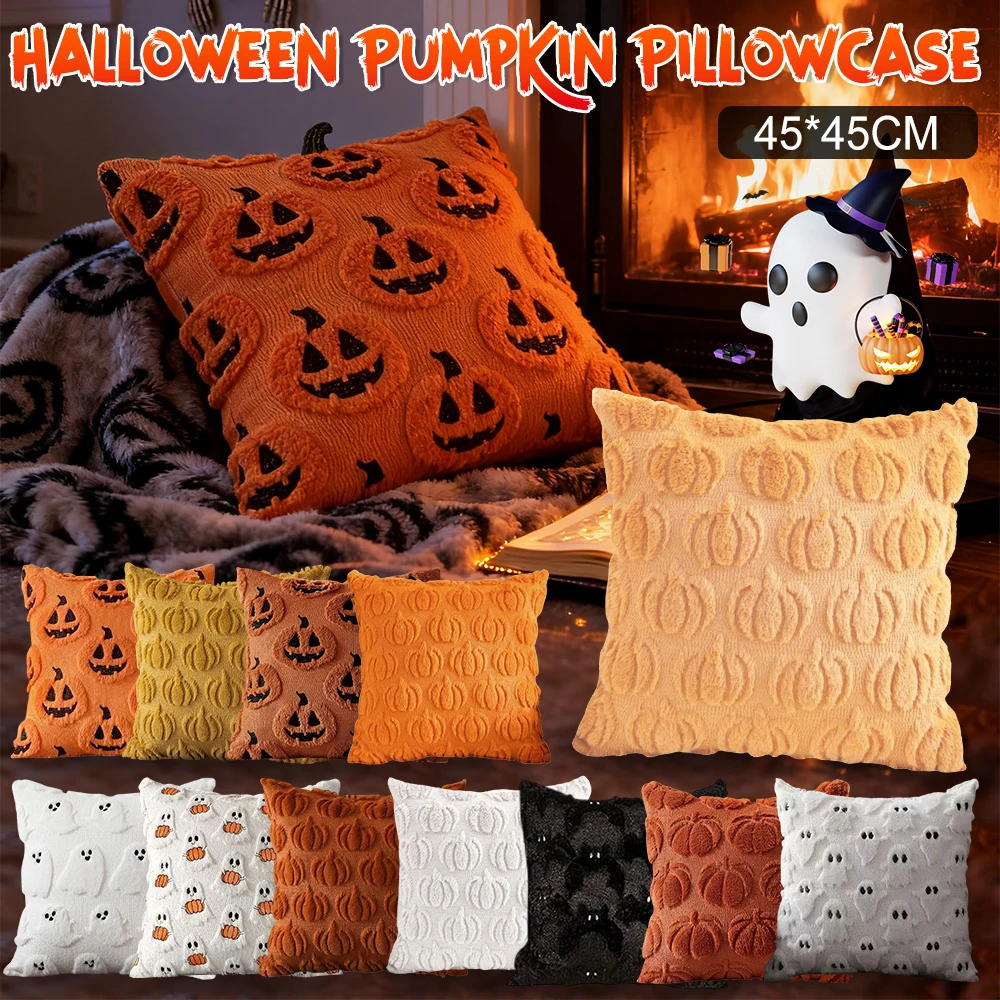 45x45CM Autumn Halloween Ghost Pumpkin Pillowcase Comfortable Soft Plush Pillowcase for Couch Sofa Bedroom Home Decoration