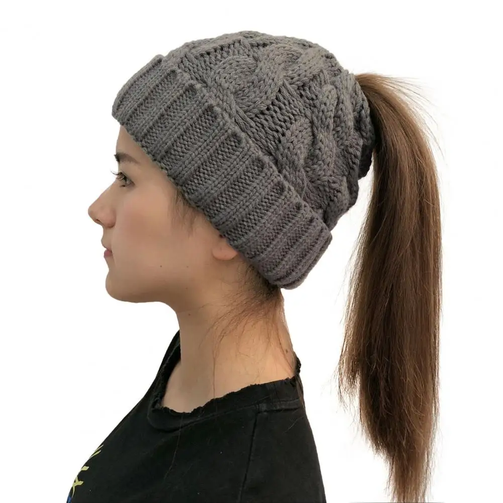 

Ladies Ponytail Hat Knit Hat Knitted Winter Ladies Hat with Ponytail Hole Anti-slip Warm Cold-proof Ear Protection Thick Solid